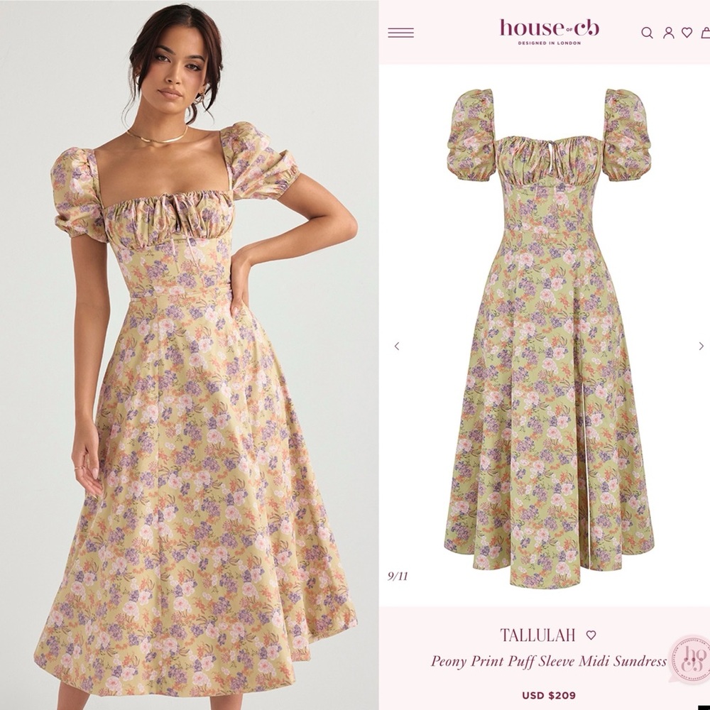 House of CB TALLULAH Peony Print Puff Sleeve Midi Sundress L Cottagecore Peasant - Picture 4 of 16